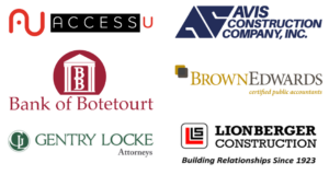 Logos for AccessU, Avis Construction Company, Bank of Botetourt, Brown Edwards, Gentry Locke, and Lionberger Construction